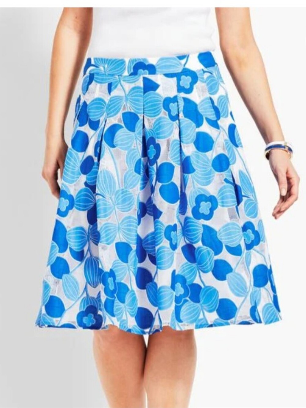 NWT Talbots Women's 14 Floral Full Blue Pleated A-Line 26" Skirt Pockets $129